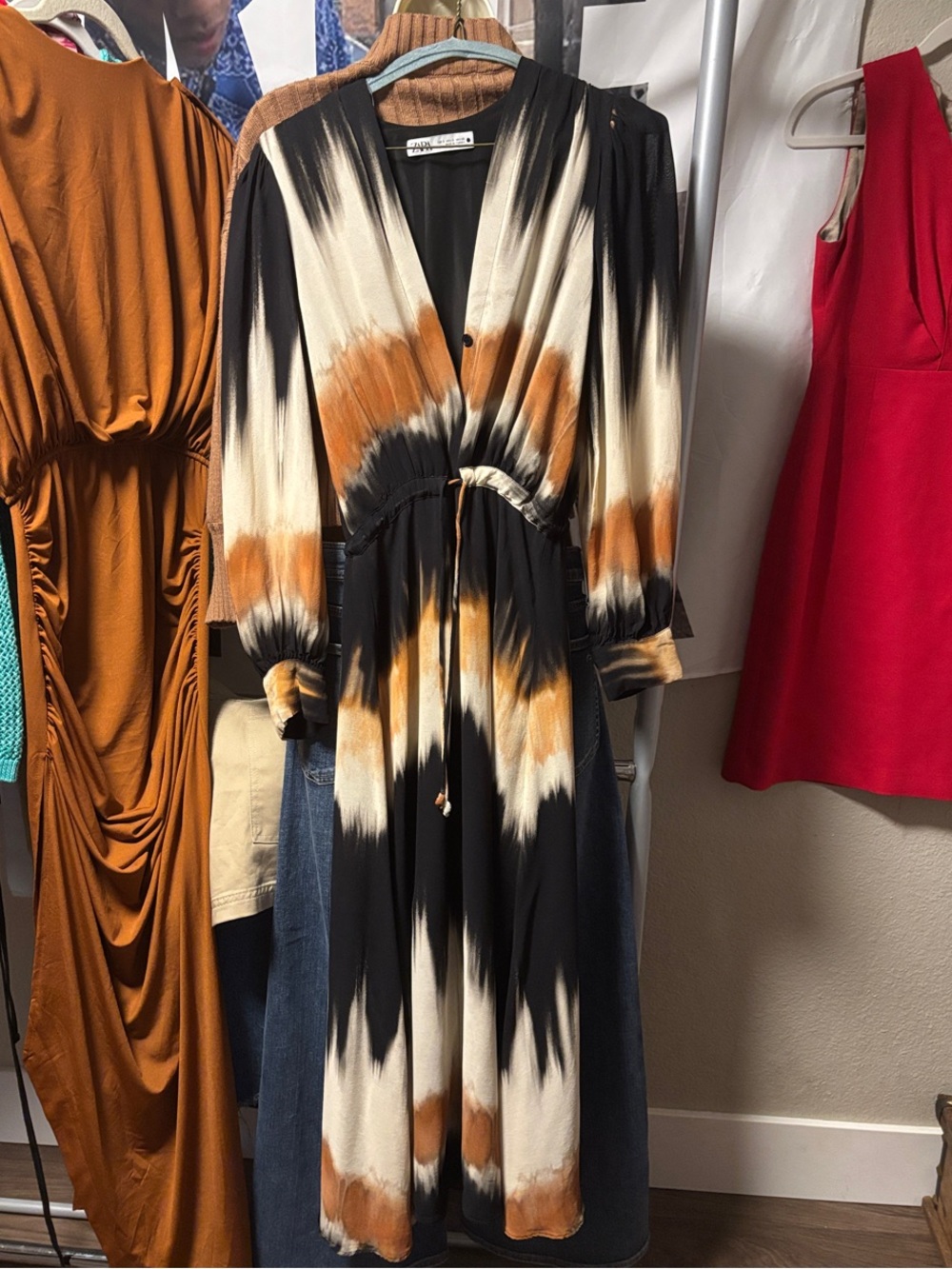 Zara Black, Cream & Rusty Brown Tie-Dye V-Neck Maxi Dress